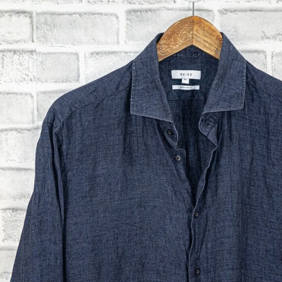 REISS Men's RUBAN Linen Button Through Shirt in Navy Blue Regular fit XL - Picture 5 of 7